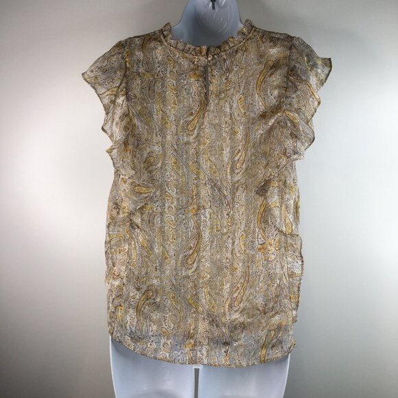 JOIE GLITTER PAISLEY RUFFLE MOCK NECK FLUTTER SHORT SLEEVE BLOUSE Size M - Picture 4 of 9